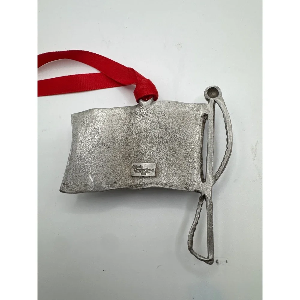 Gloria Duchin 2002 American Flag Pewter Tone Metal Christmas Ornament USA Made